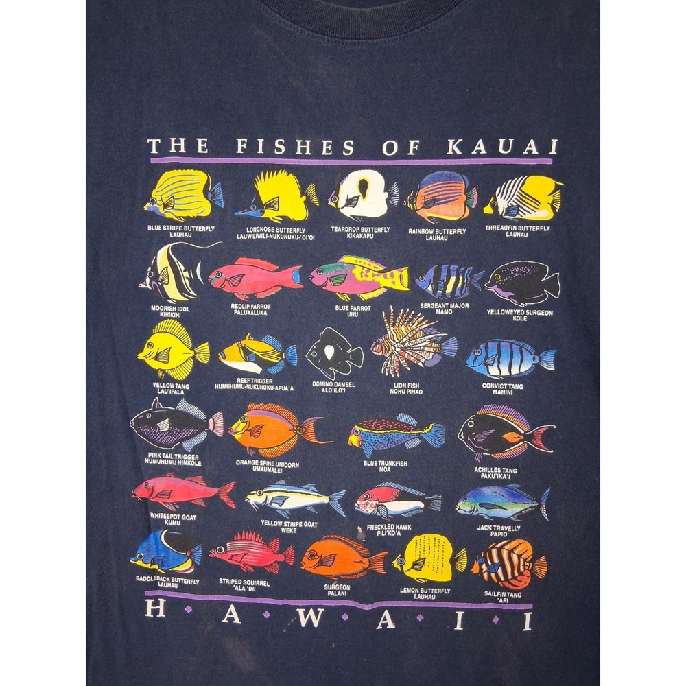 VTG Adult Shirt XL Blue Fishes Of Kauai Hawaii Crew 90s Casual Novelty Ocean Sea